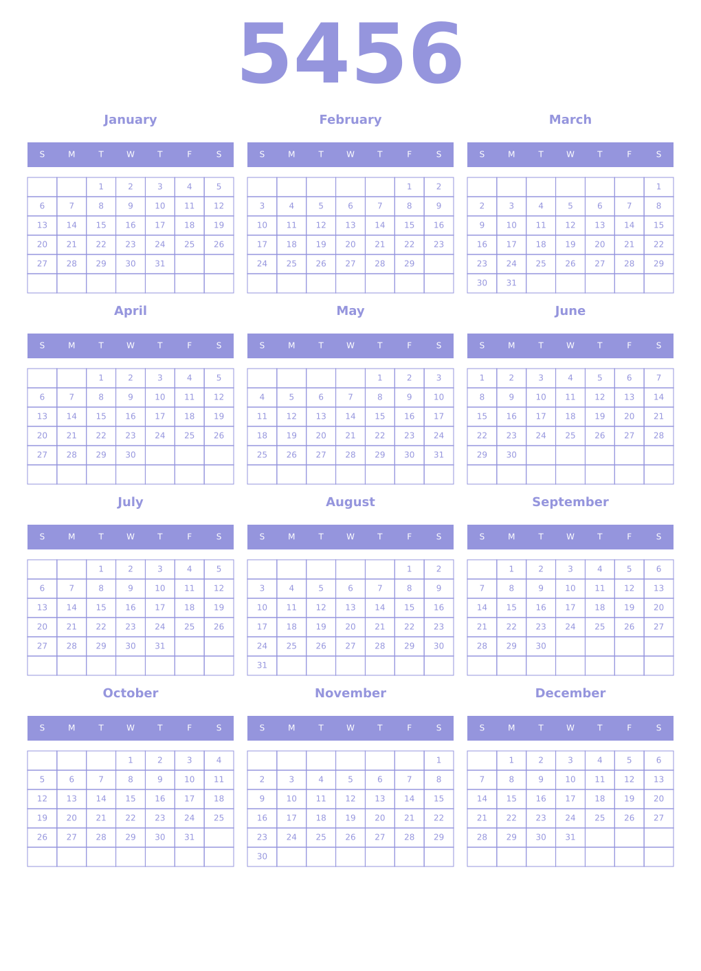 Printable 5456 Year Calendars periwinkle