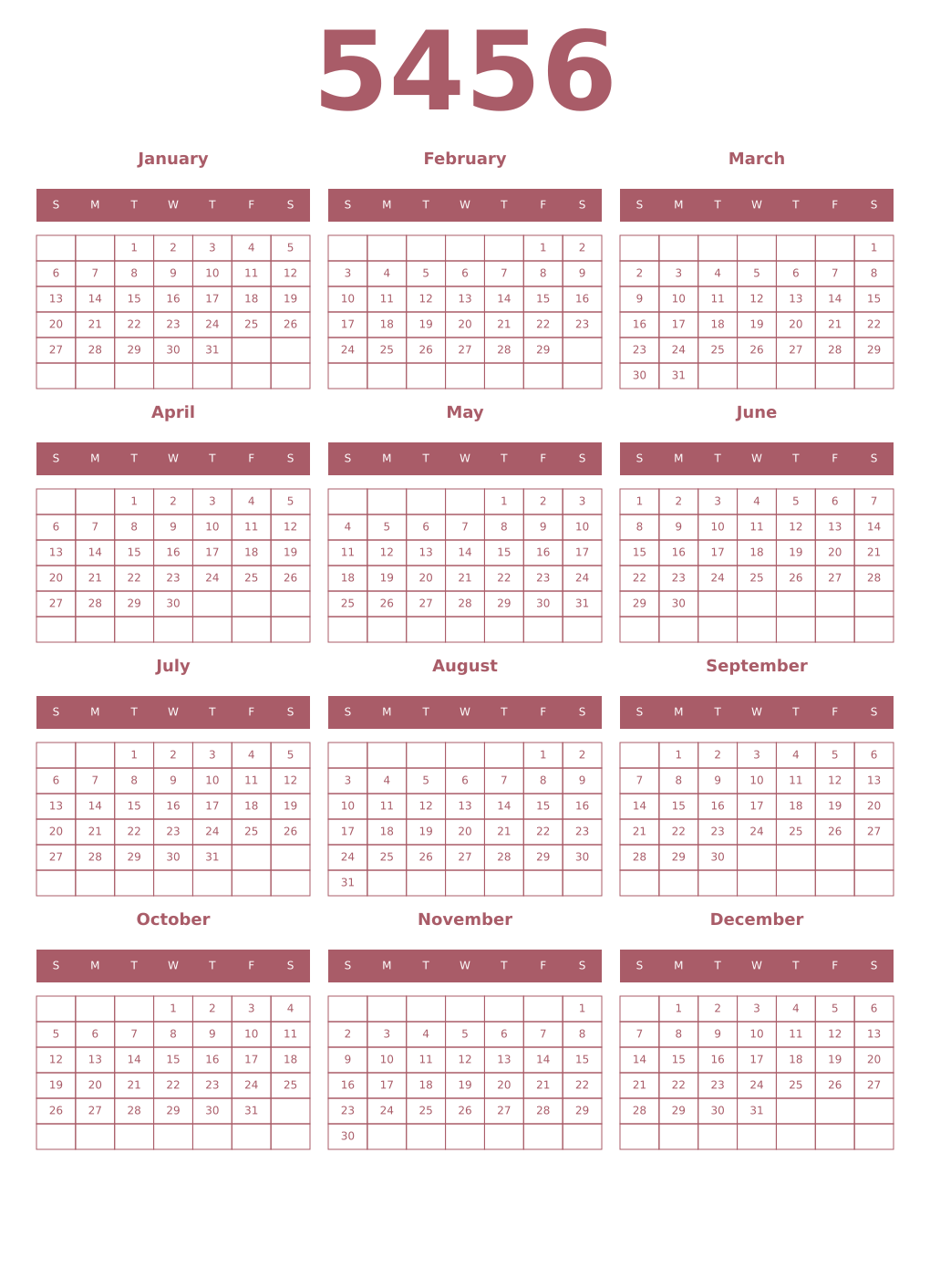 Printable 5456 Year Calendars puce