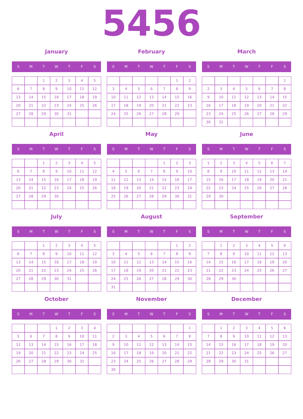 Printable 5456 Year Calendars purple