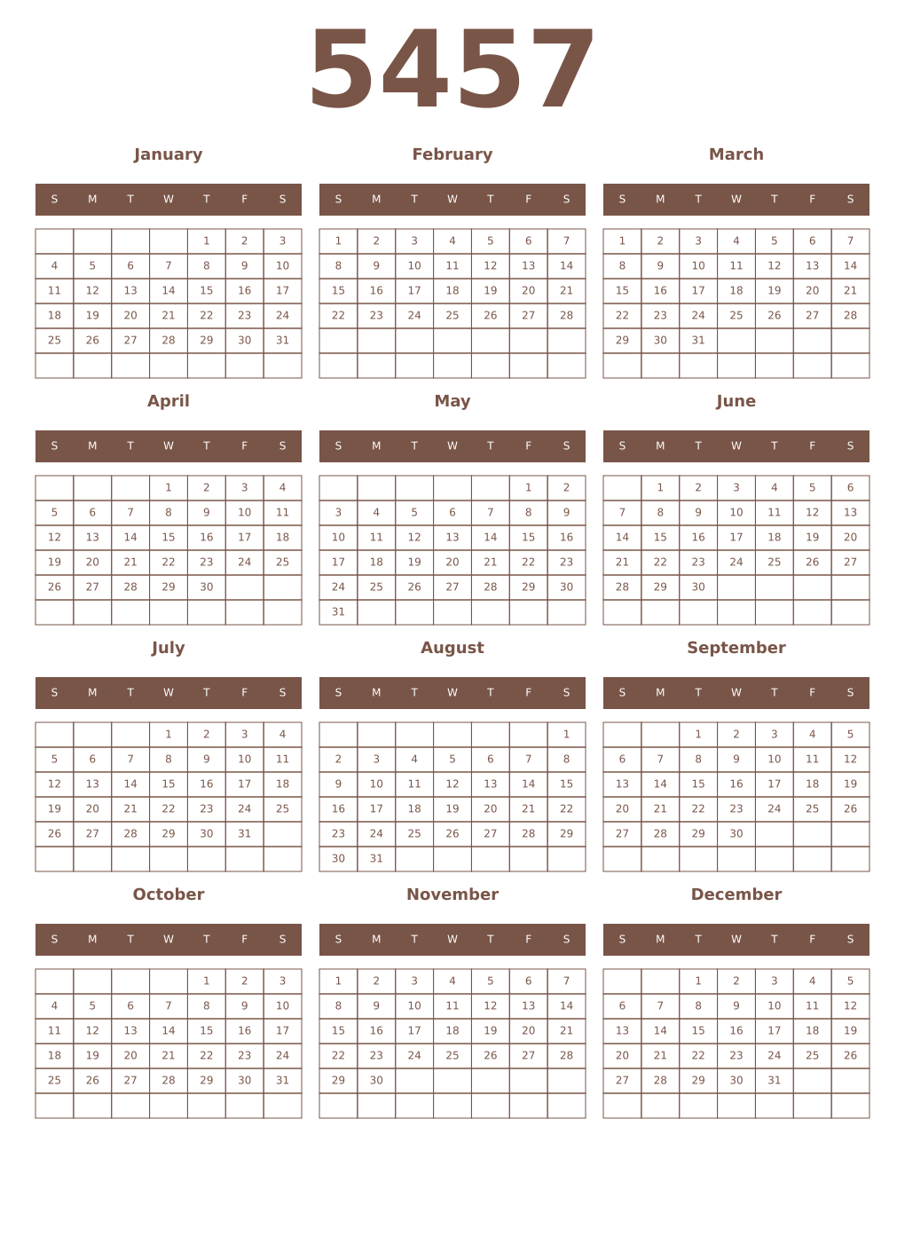 Printable 5457 Year Calendars coffe