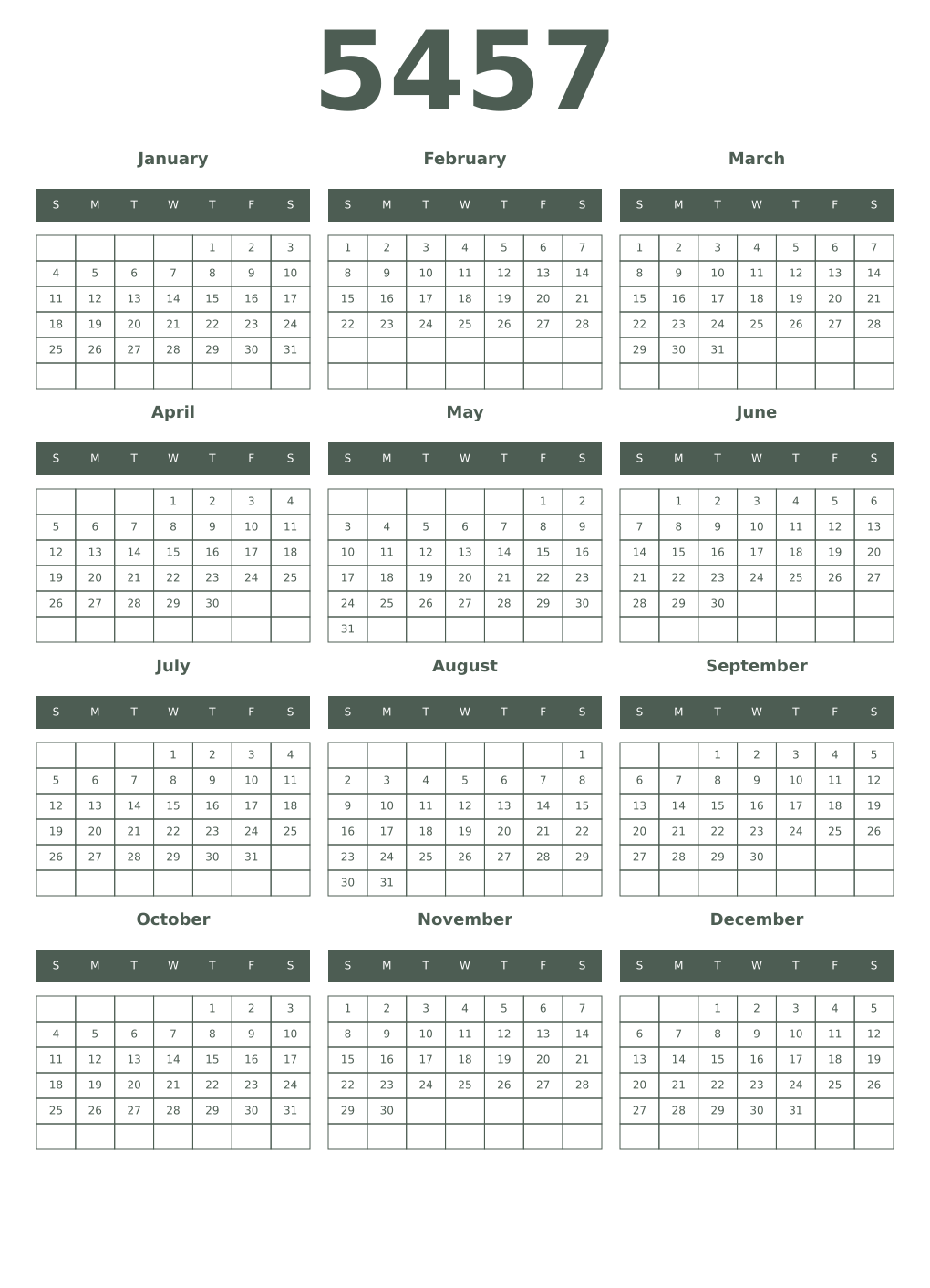 Printable 5457 Year Calendars feldgrau