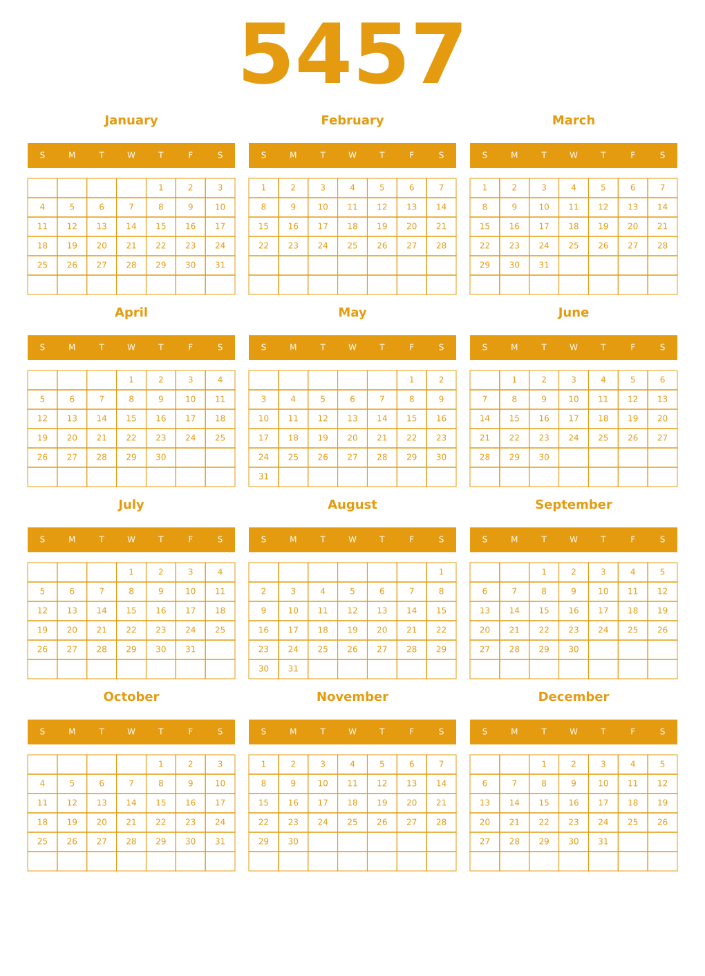 Printable 5457 Year Calendars gamboge