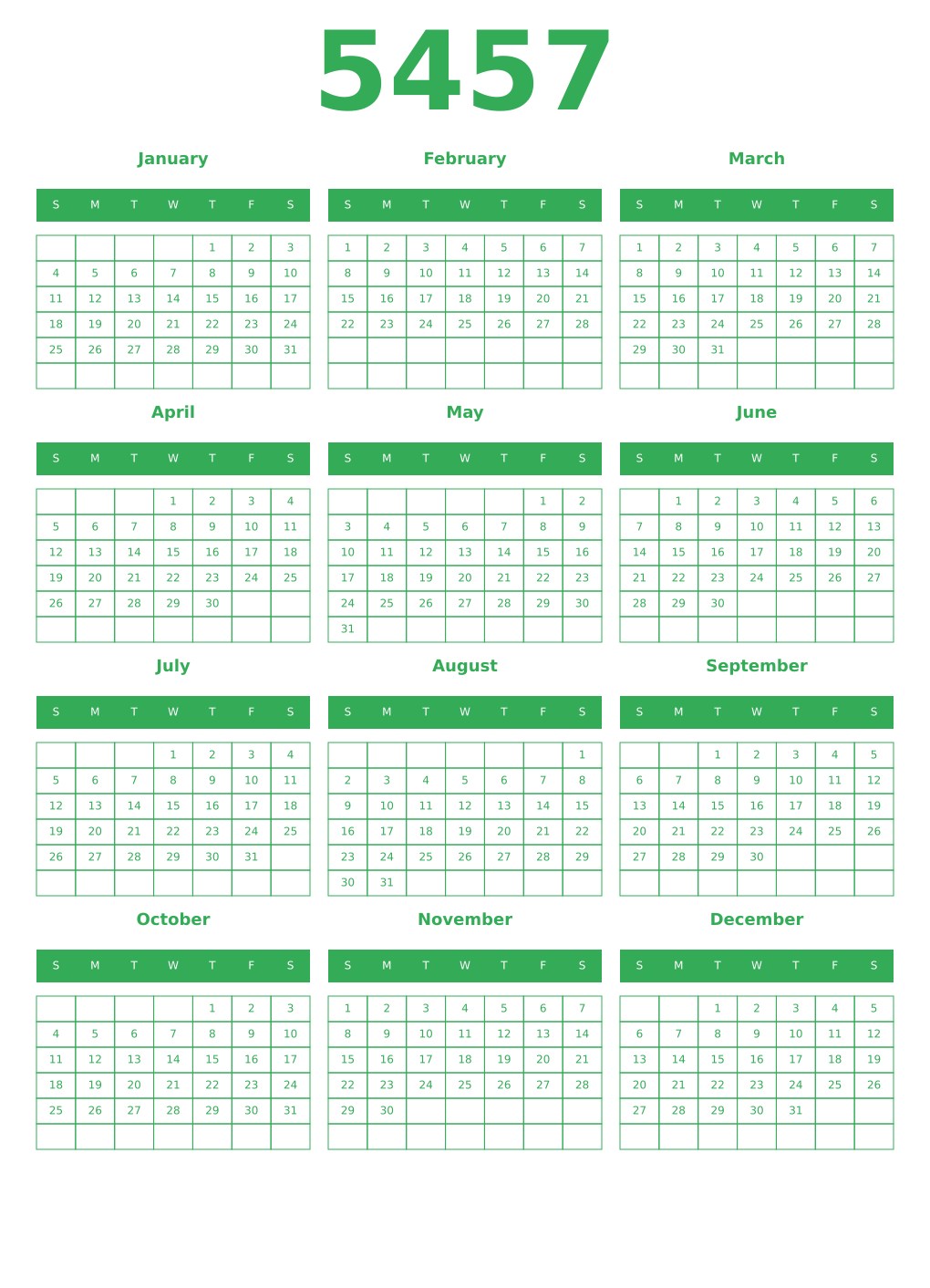 Printable 5457 Year Calendars green