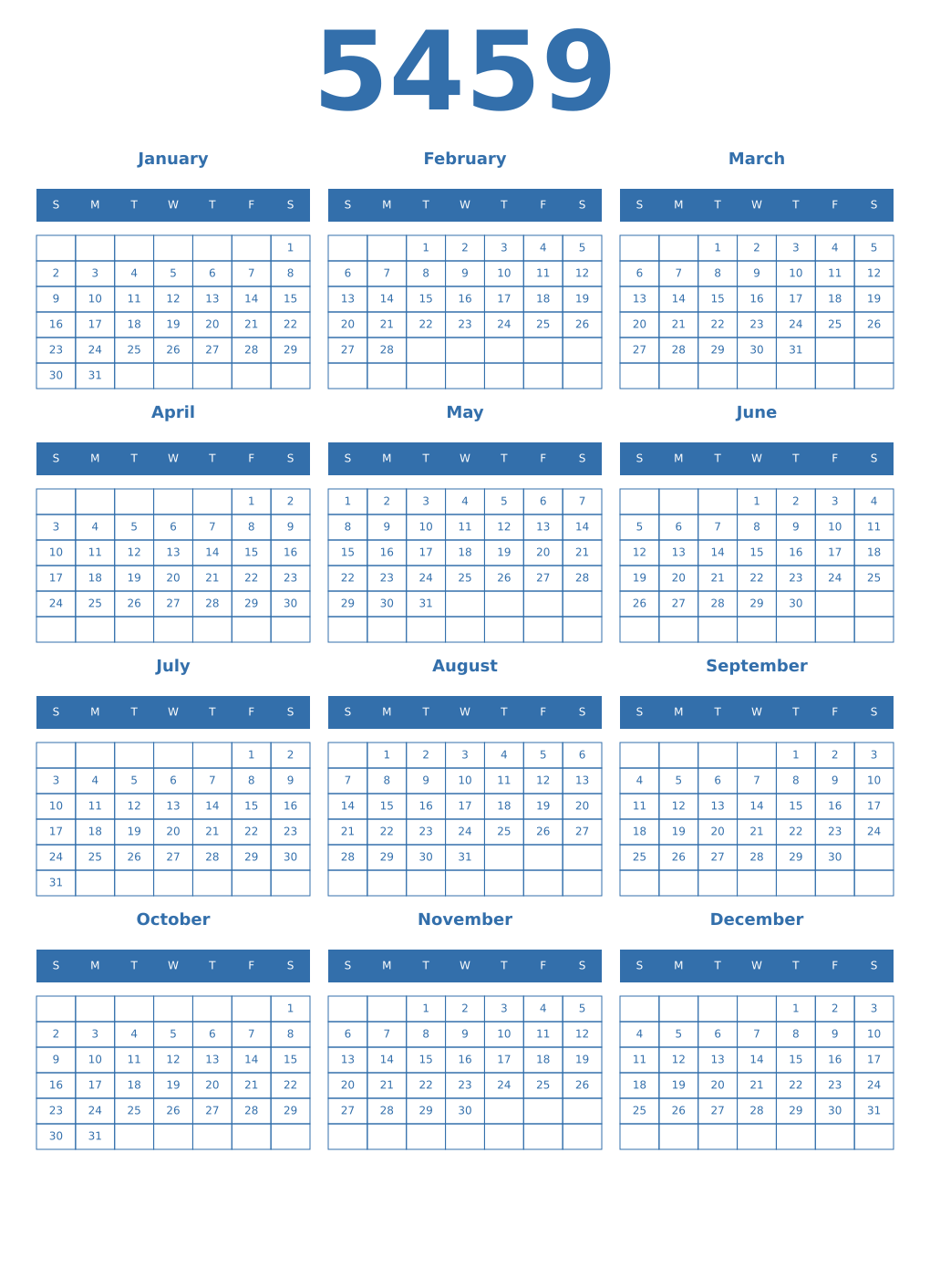 Printable 5459 Year Calendars blue