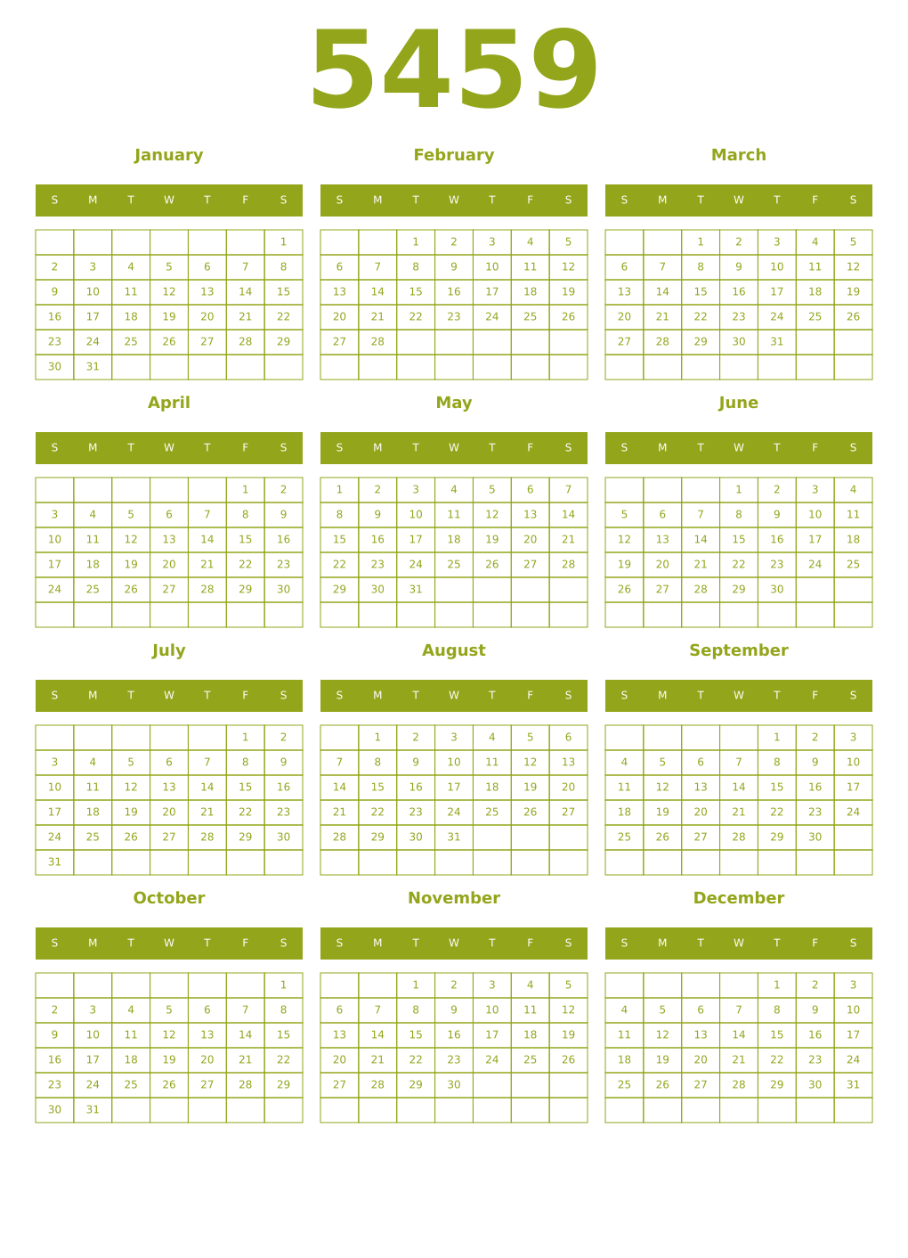 Printable 5459 Year Calendars chartreuse