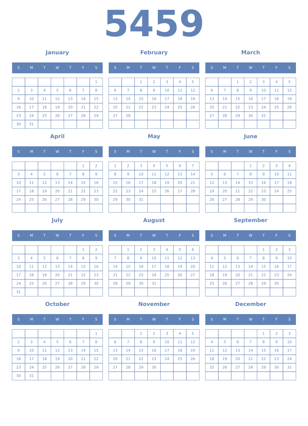 Printable 5459 Year Calendars glaucous