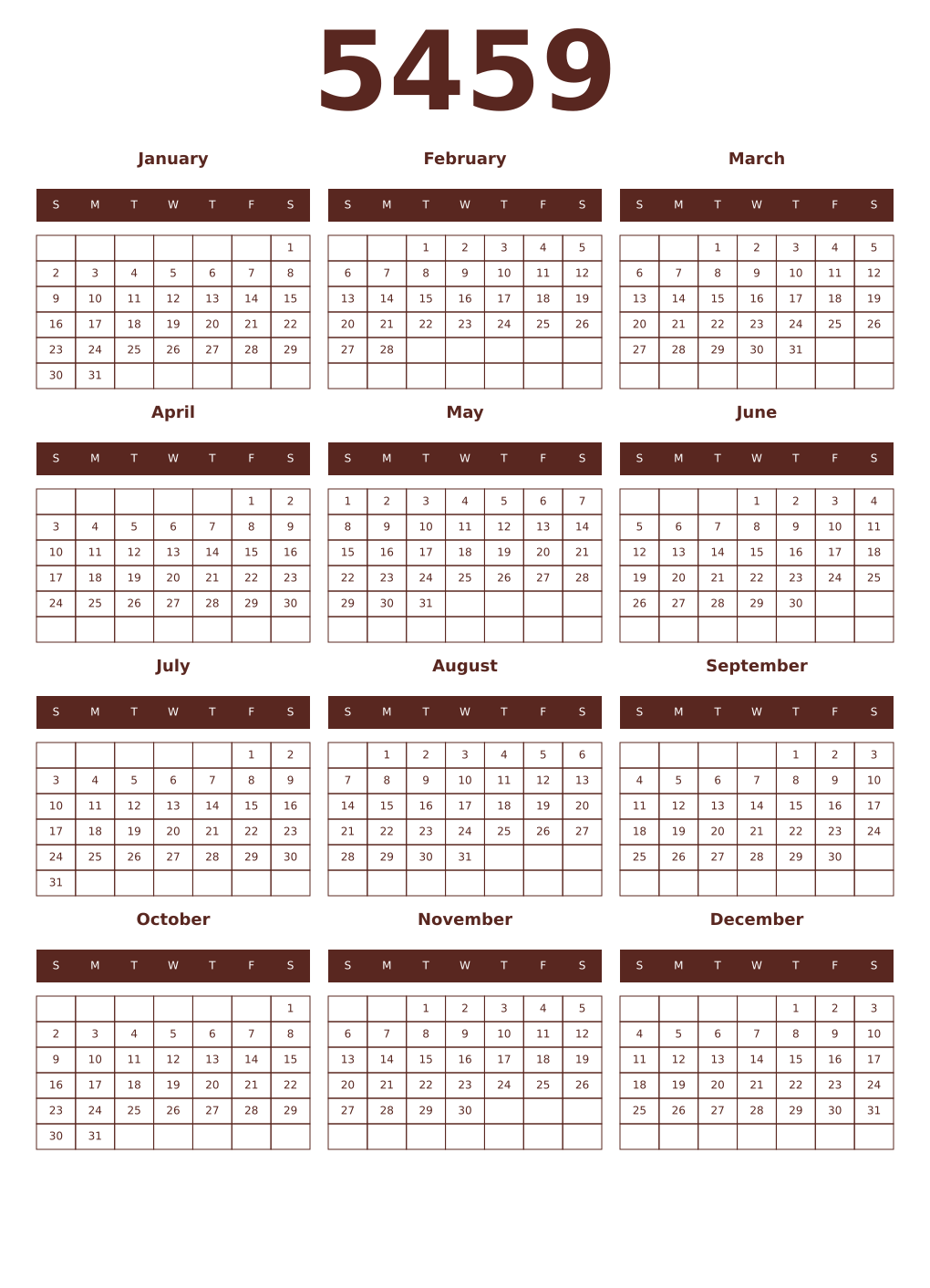 Printable 5459 Year Calendars mortuum