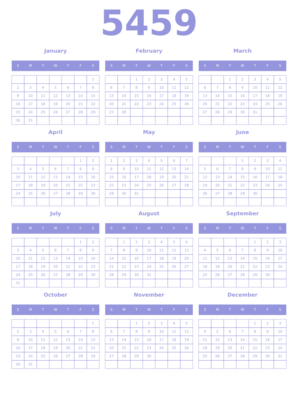 Printable 5459 Year Calendars periwinkle