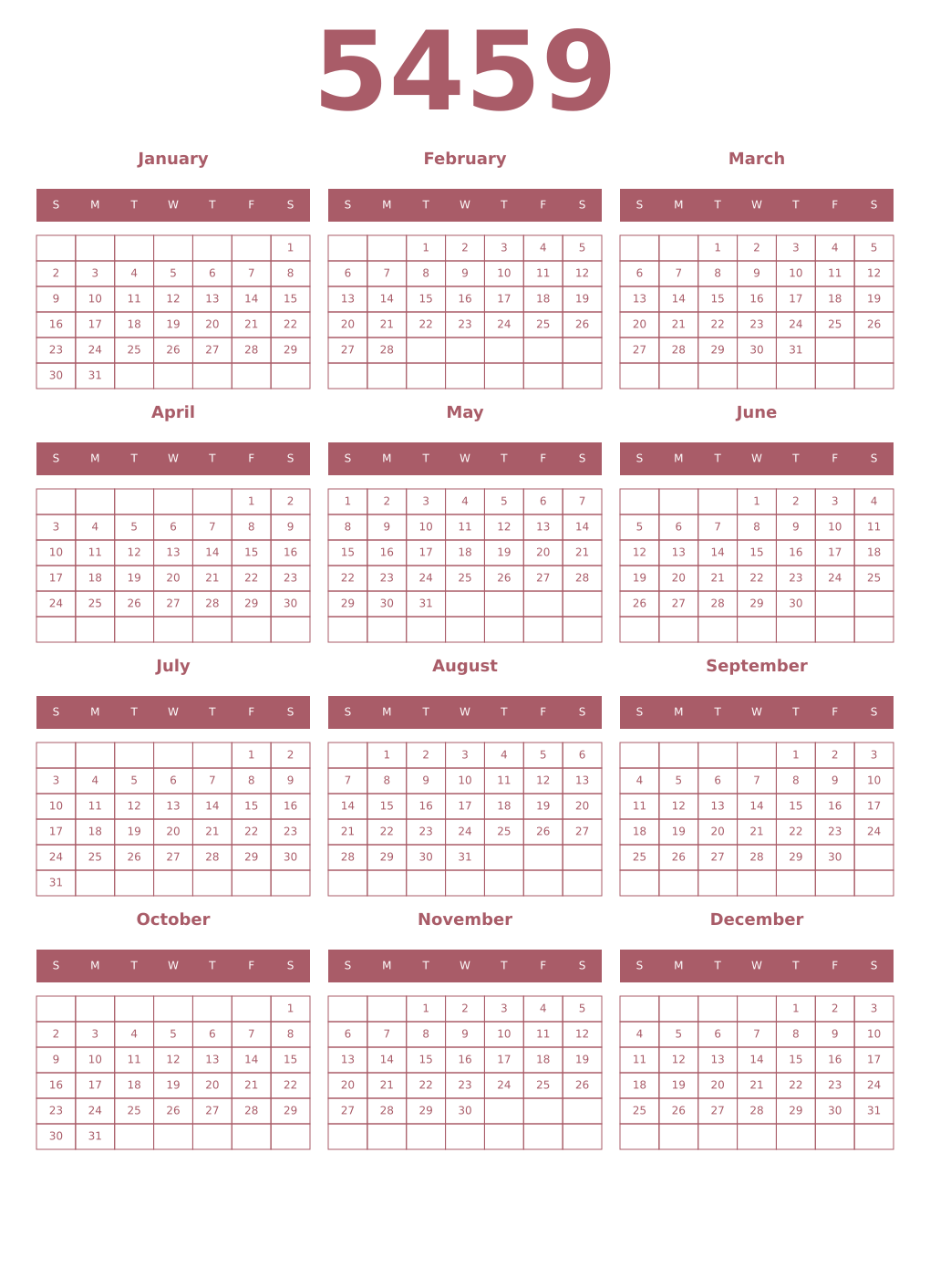 Printable 5459 Year Calendars puce