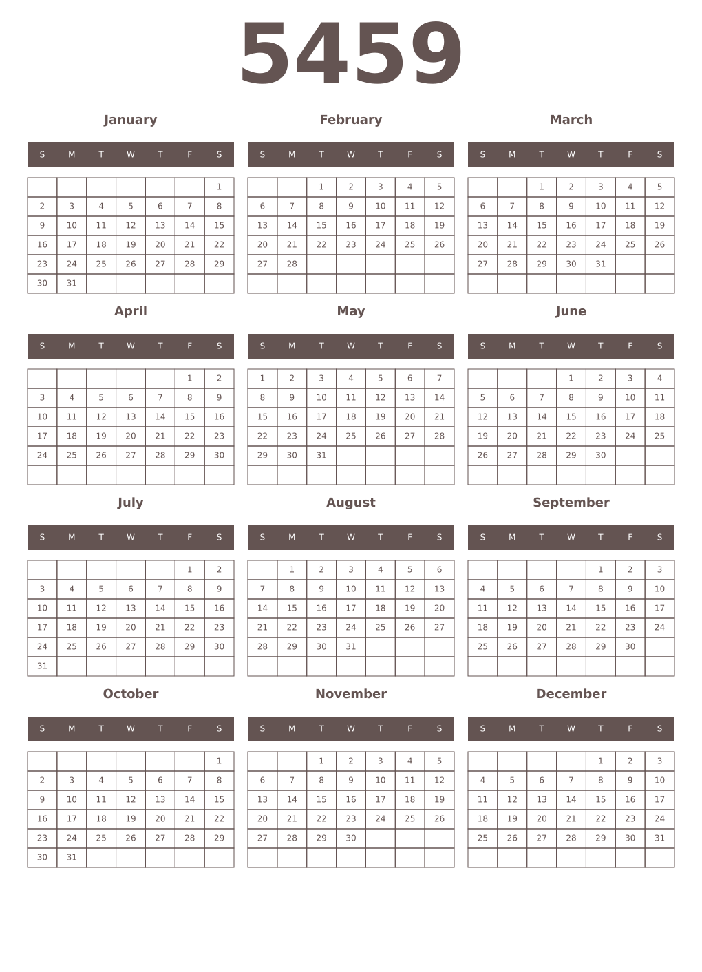 Printable 5459 Year Calendars wenge