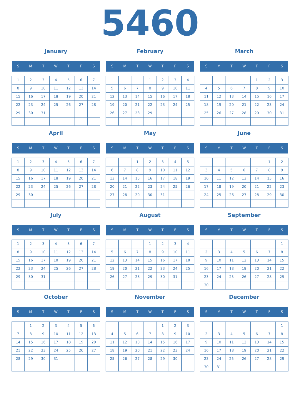 Printable 5460 Year Calendars blue