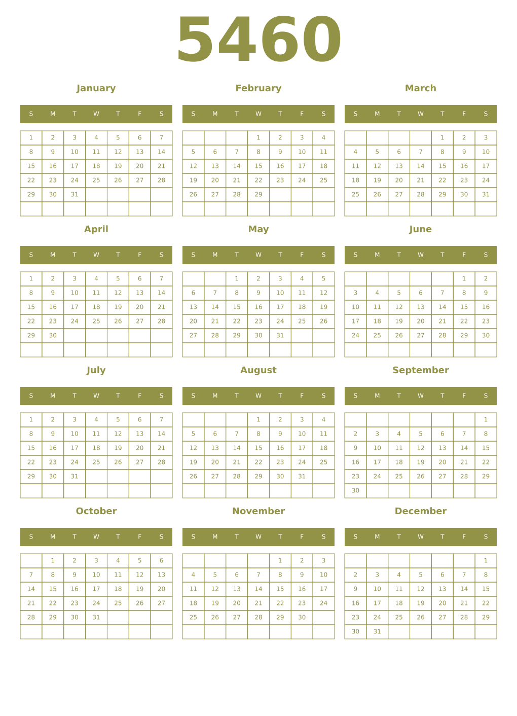 Printable 5460 Year Calendars eburnean