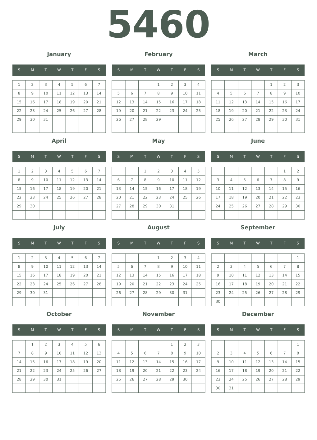 Printable 5460 Year Calendars feldgrau