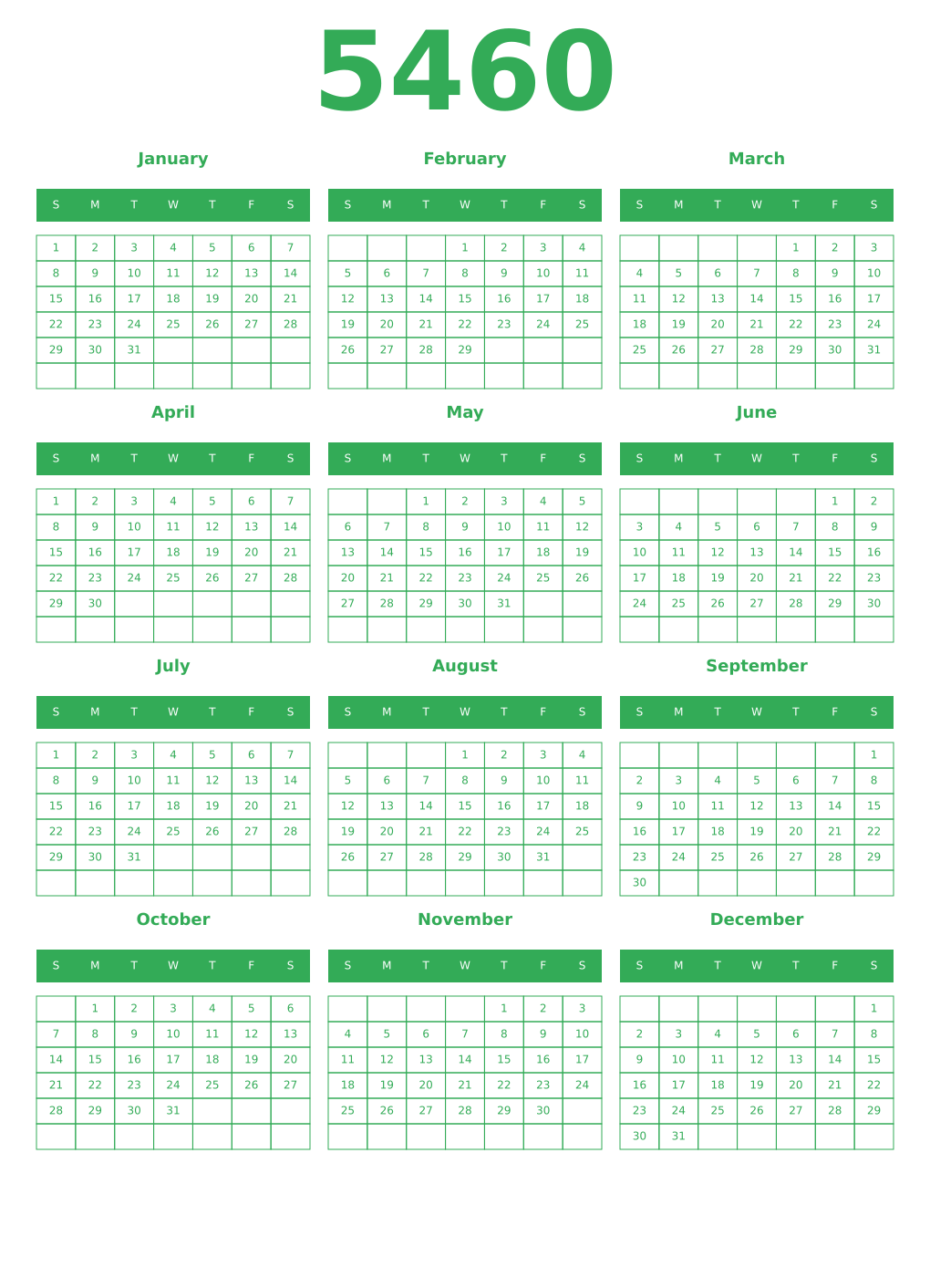 Printable 5460 Year Calendars green