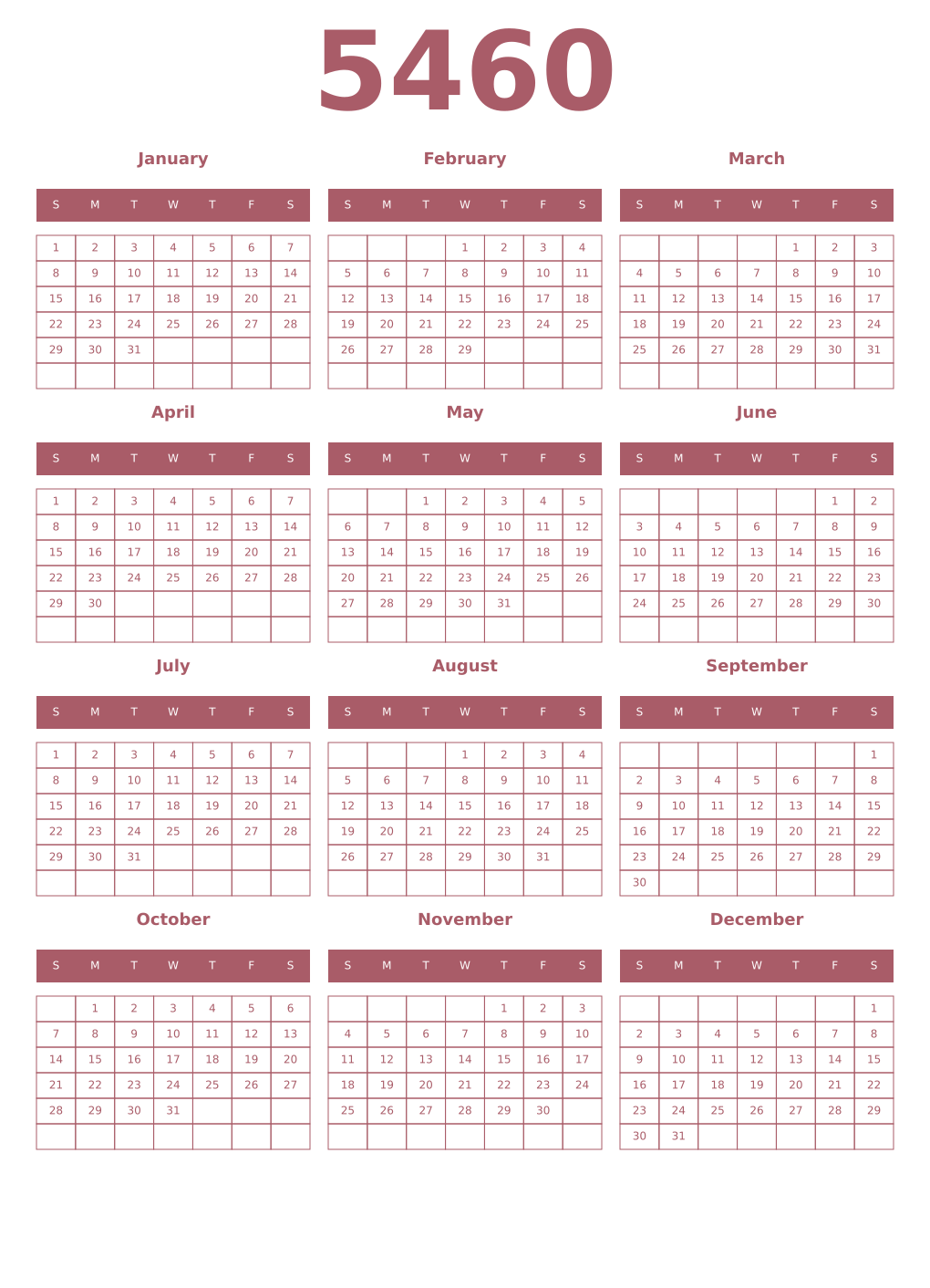 Printable 5460 Year Calendars puce