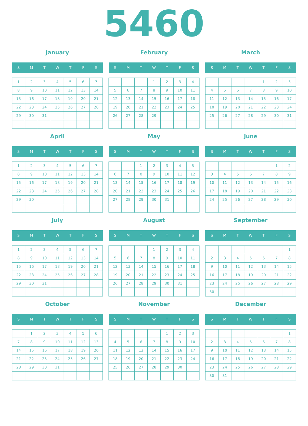 Printable 5460 Year Calendars verdigris