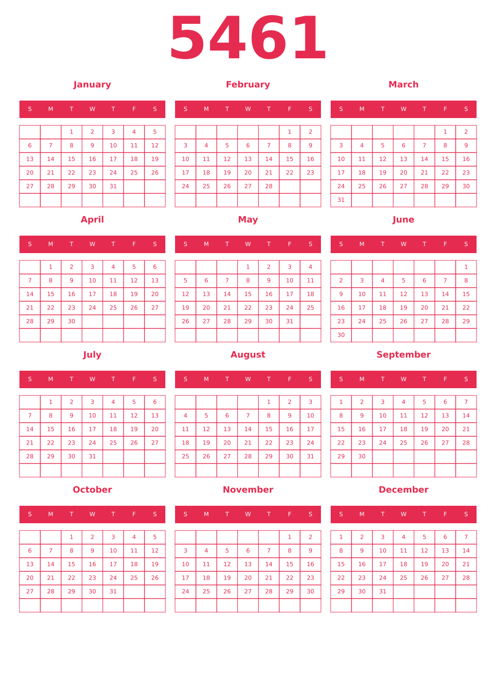Printable 5461 Year Calendars amaranth