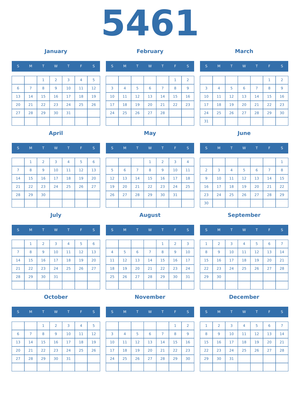 Printable 5461 Year Calendars blue