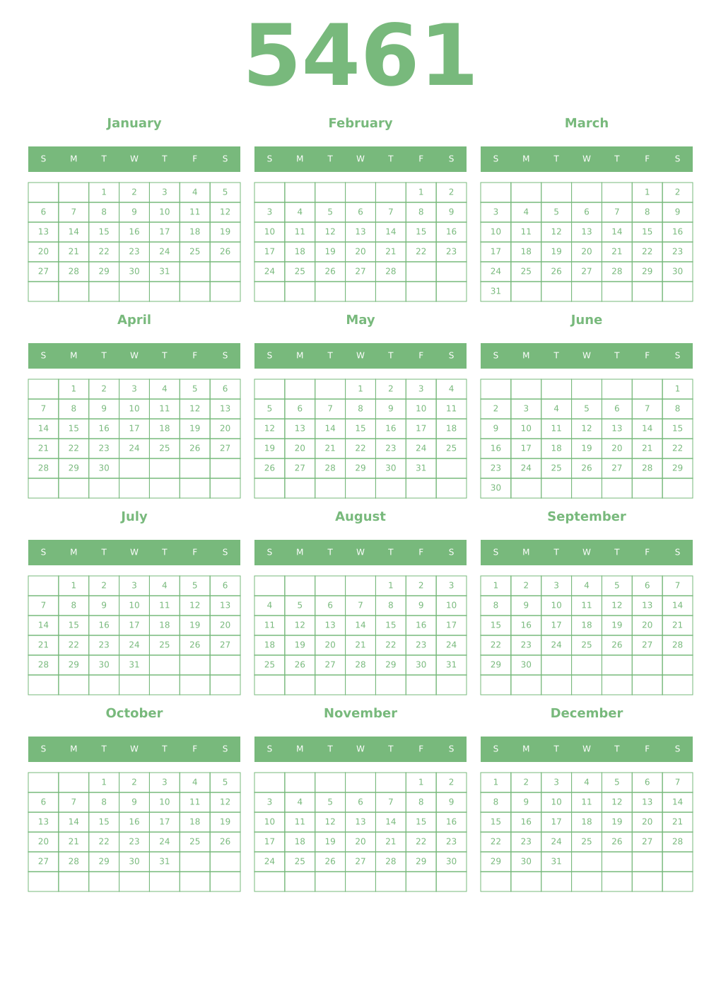 Printable 5461 Year Calendars celadon