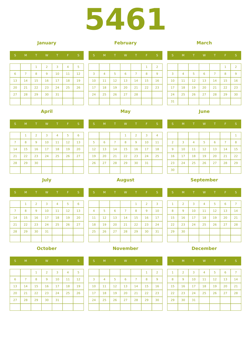 Printable 5461 Year Calendars chartreuse