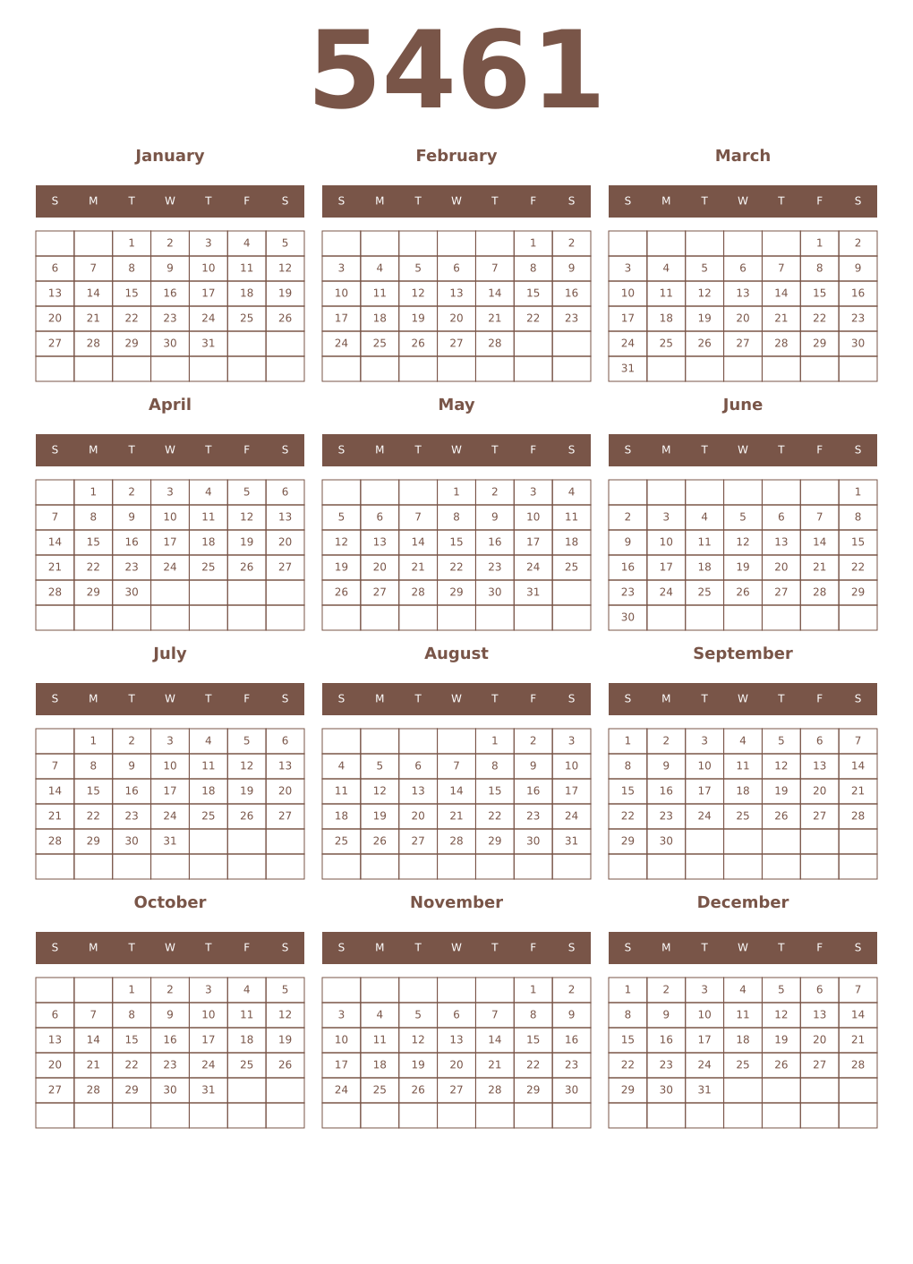 Printable 5461 Year Calendars coffe