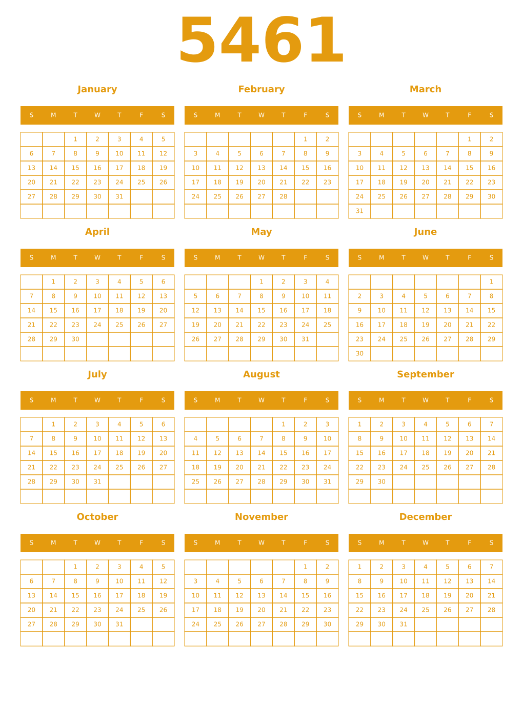 Printable 5461 Year Calendars gamboge