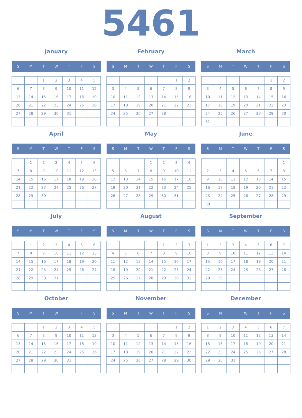 Printable 5461 Year Calendars glaucous