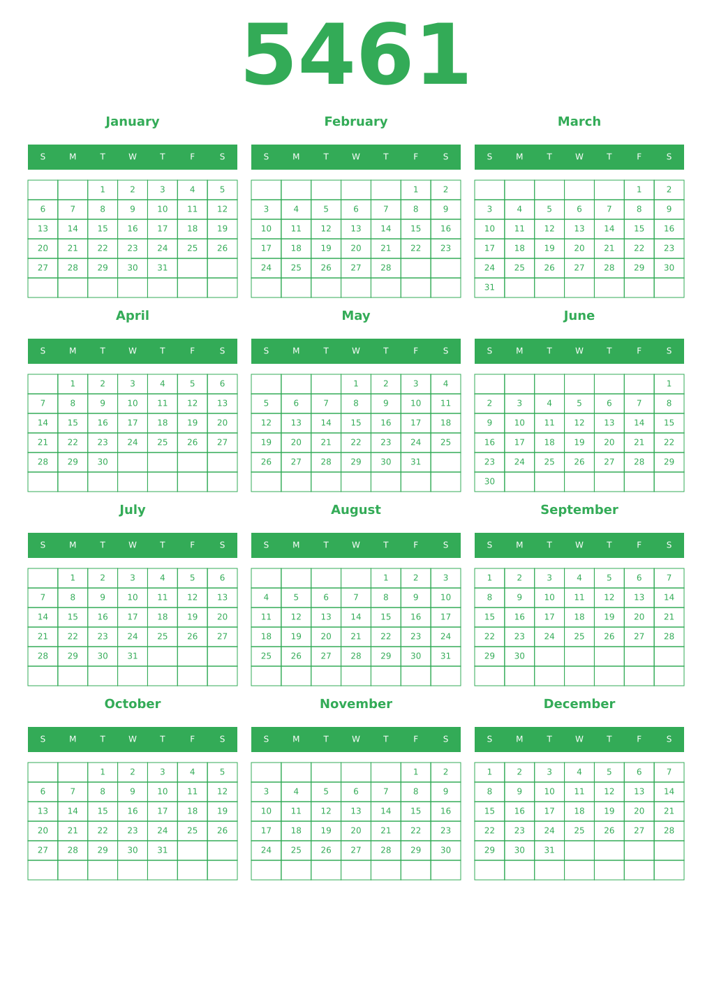 Printable 5461 Year Calendars green