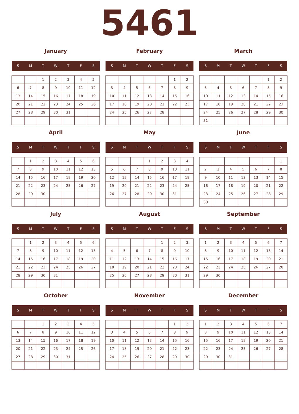 Printable 5461 Year Calendars mortuum