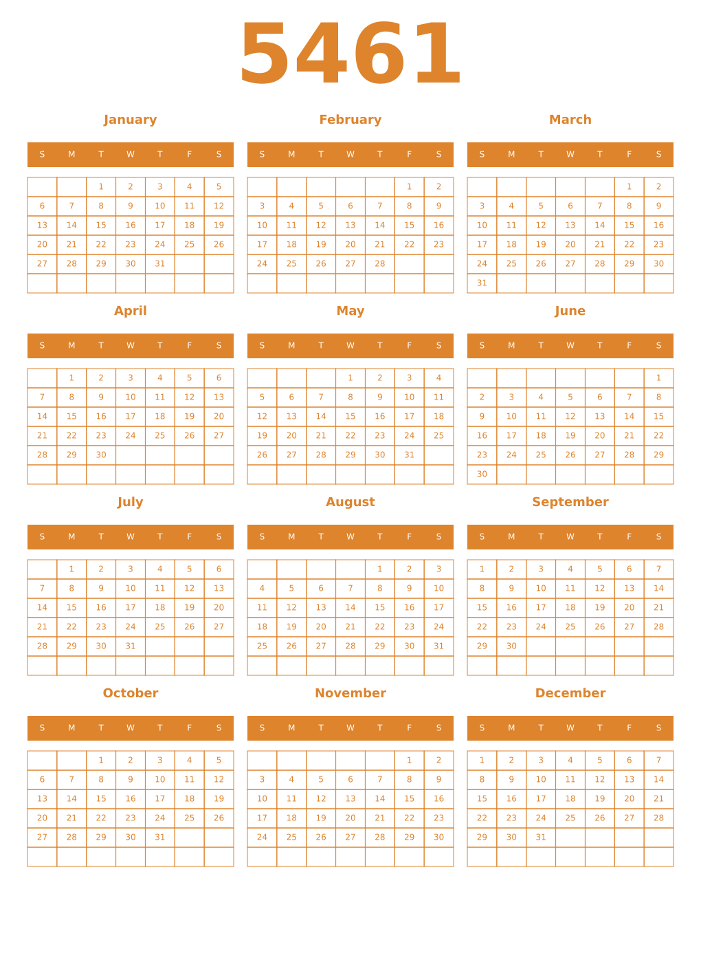 Printable 5461 Year Calendars orange