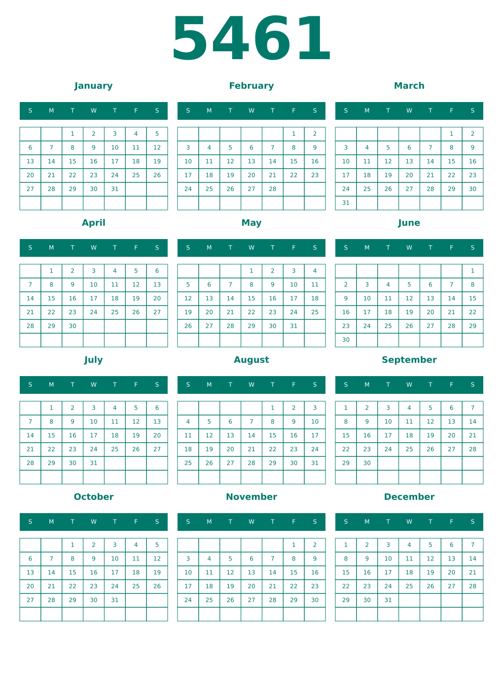 Printable 5461 Year Calendars pastel