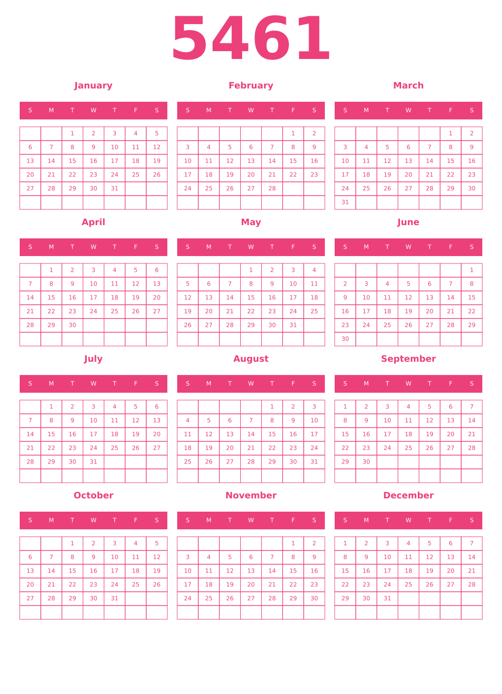 Printable 5461 Year Calendars pink