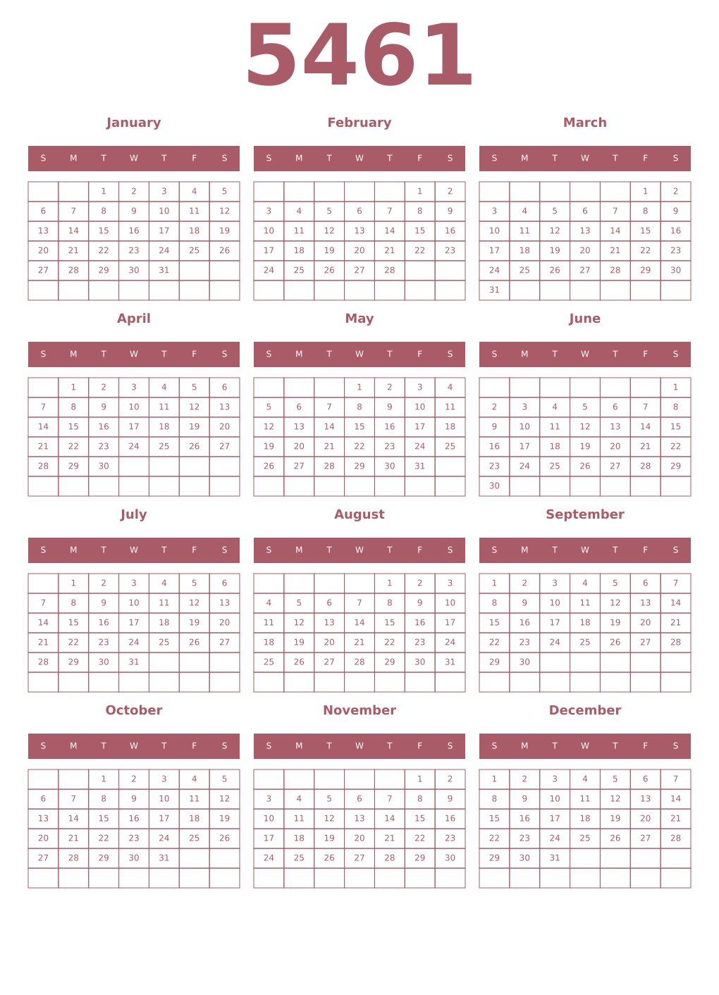 Printable 5461 Year Calendars puce