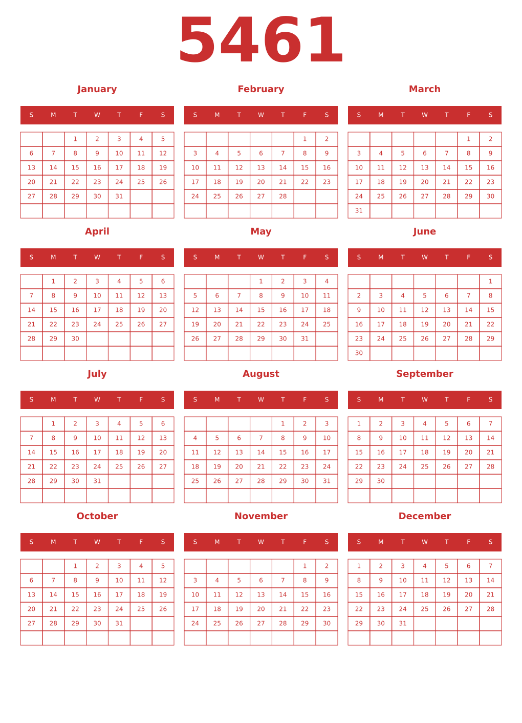 Printable 5461 Year Calendars red