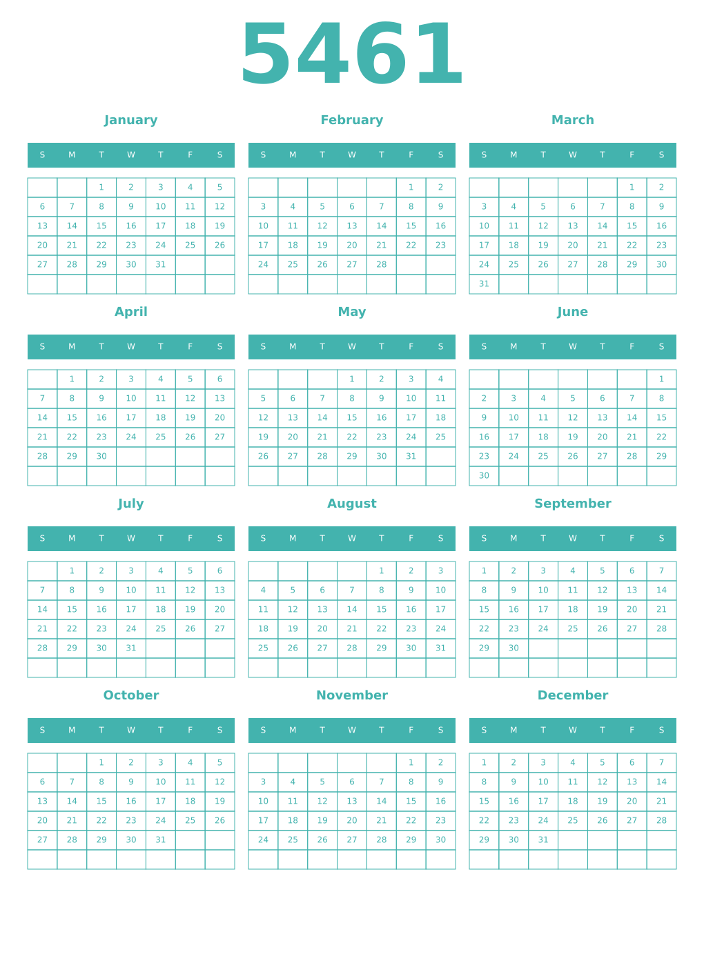 Printable 5461 Year Calendars verdigris