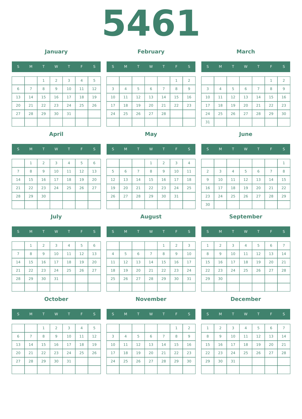 Printable 5461 Year Calendars viridian