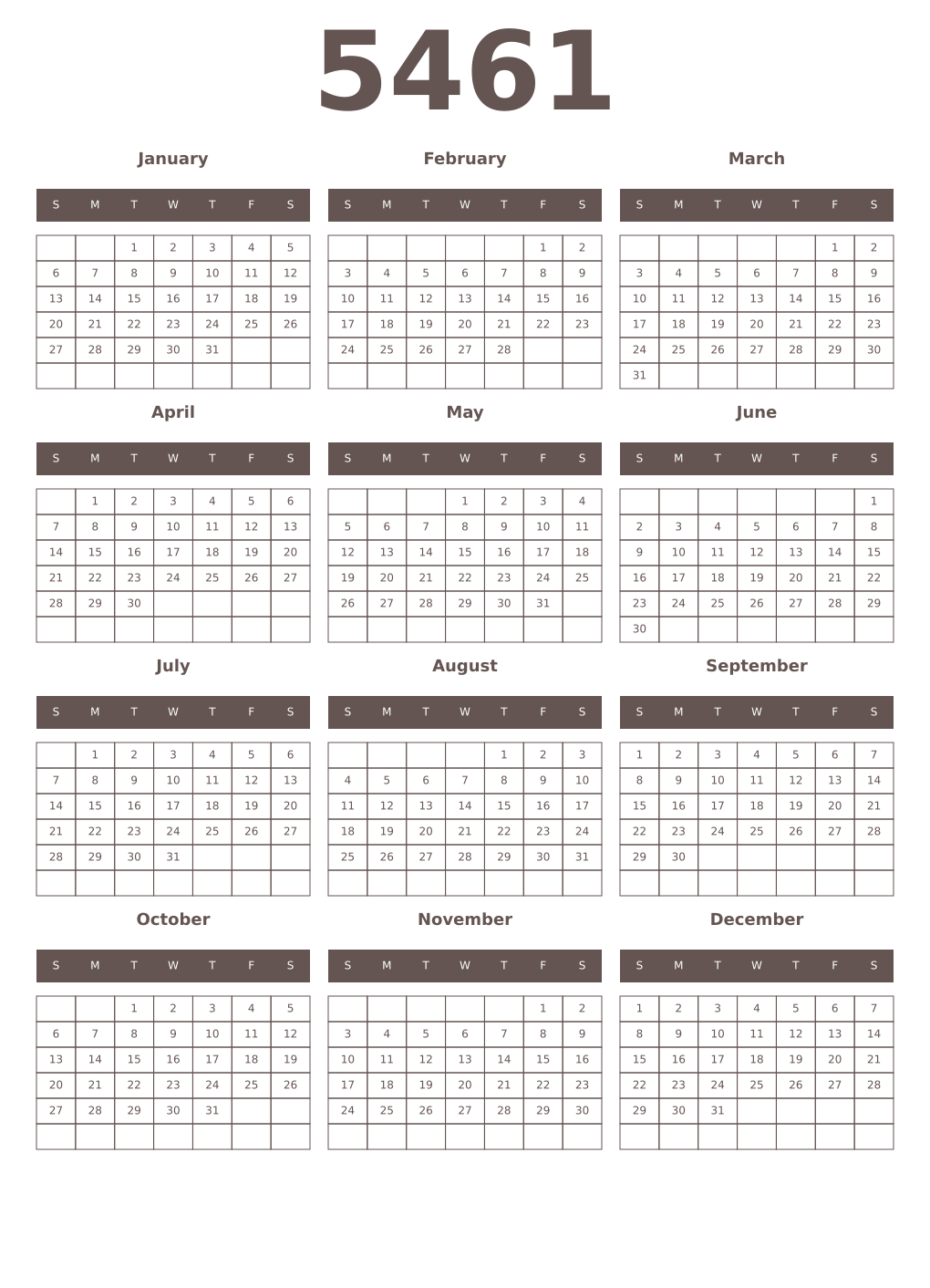 Printable 5461 Year Calendars wenge