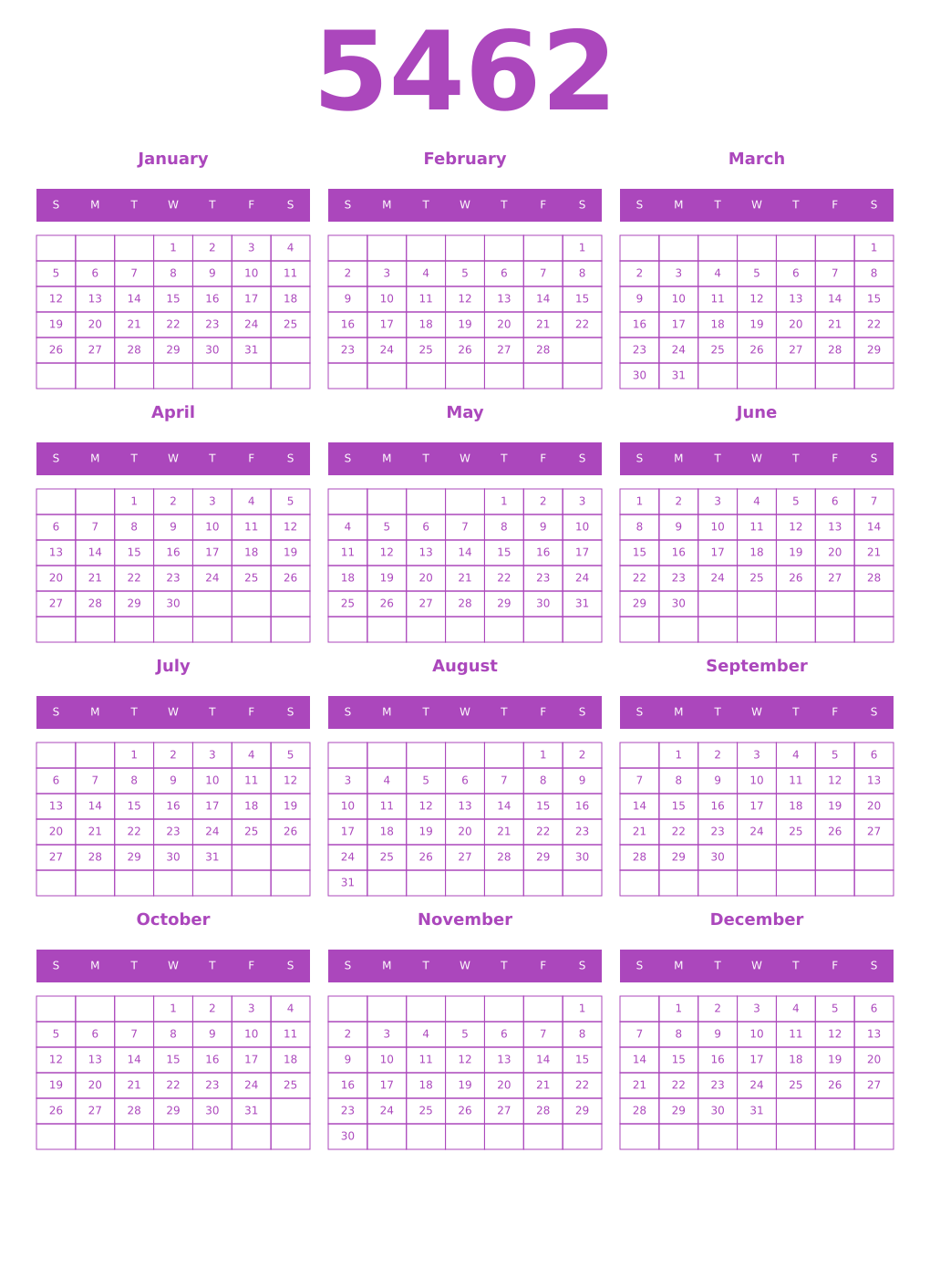 Printable 5462 Calendars