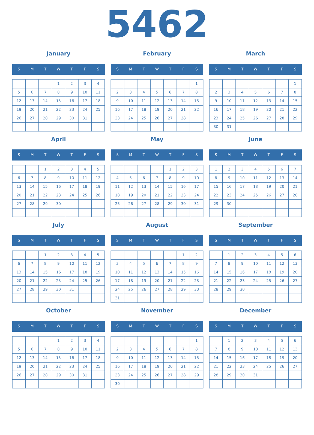 Printable 5462 Year Calendars blue