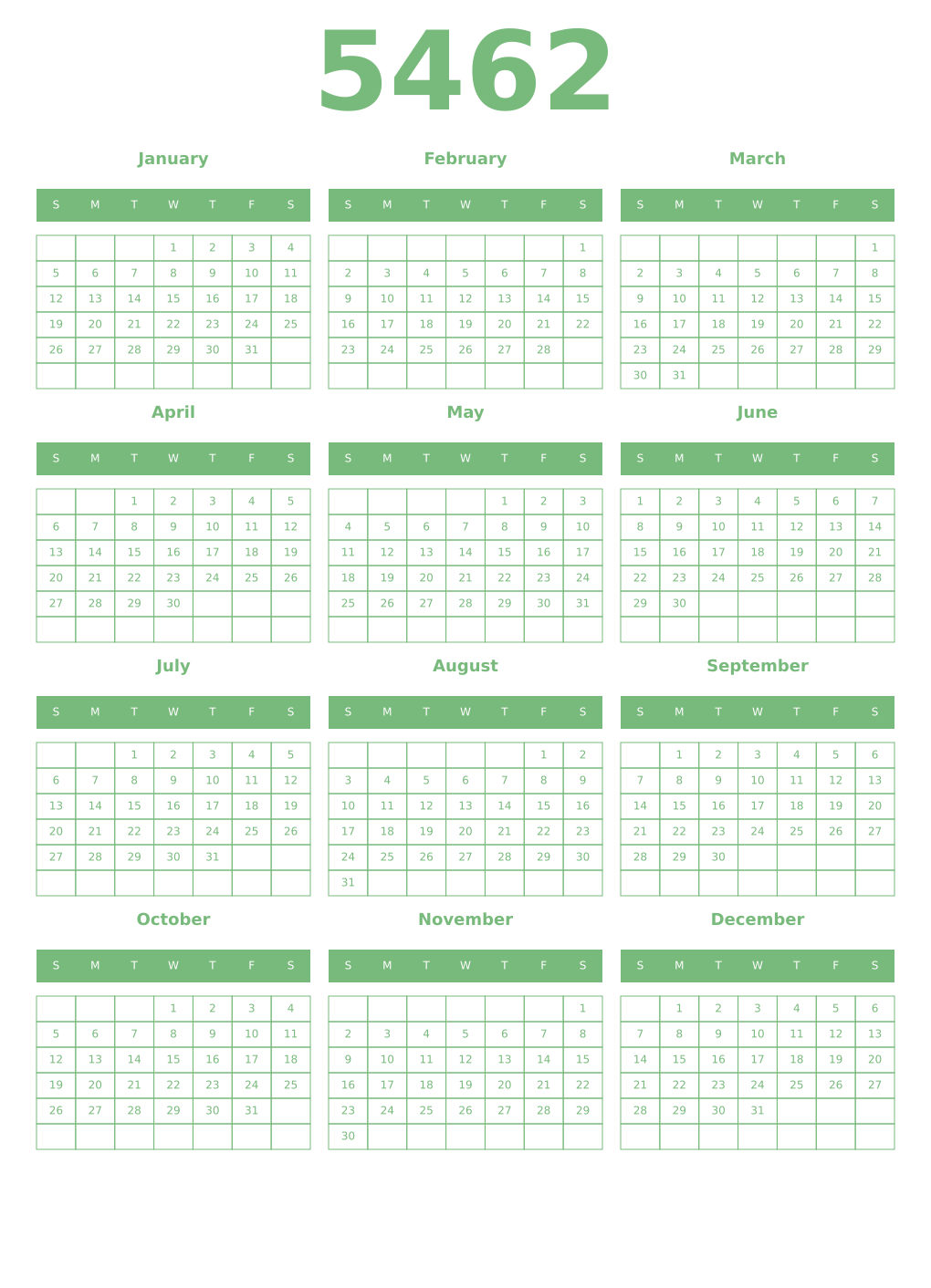 Printable 5462 Year Calendars celadon