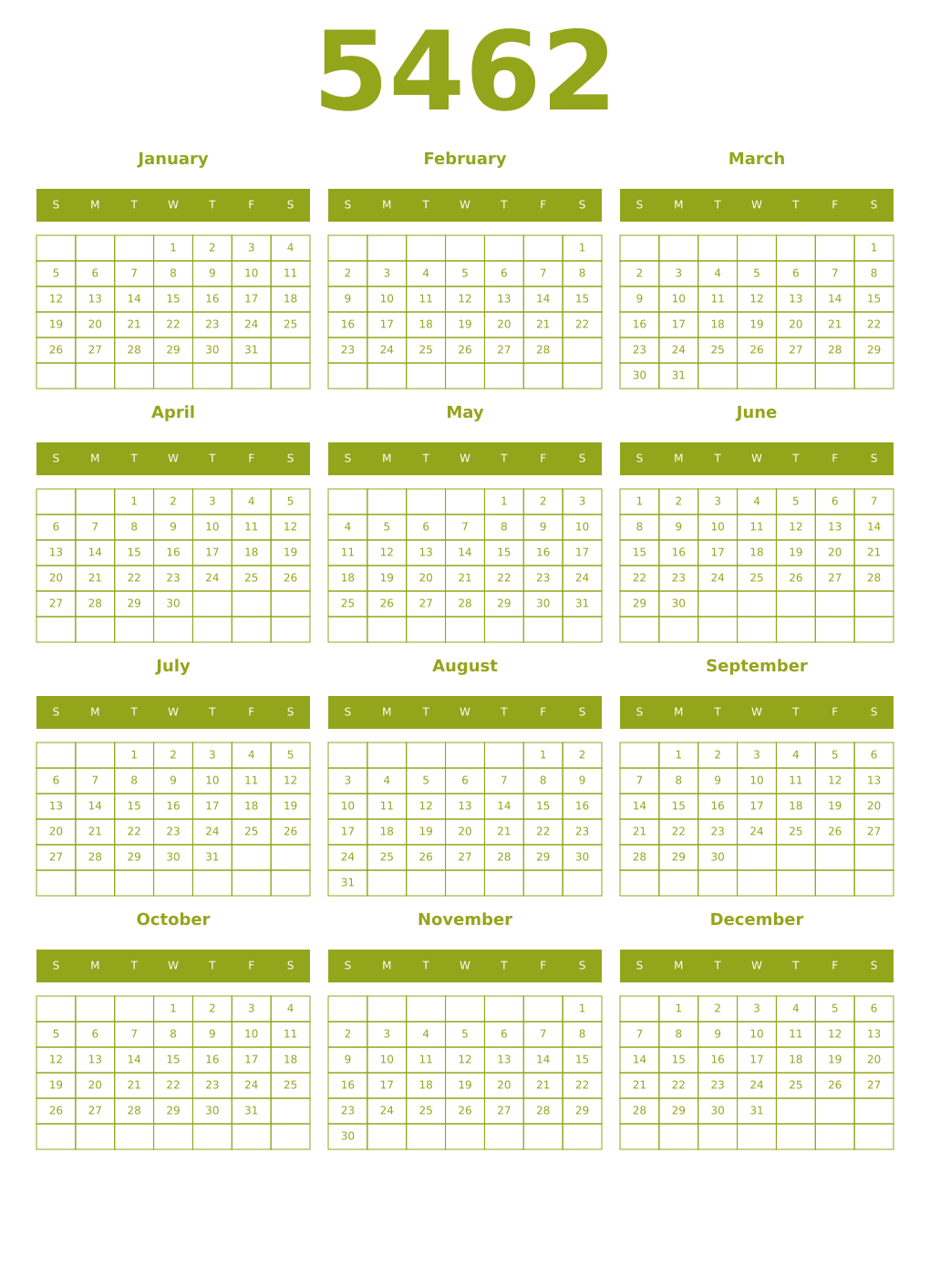 Printable 5462 Year Calendars chartreuse