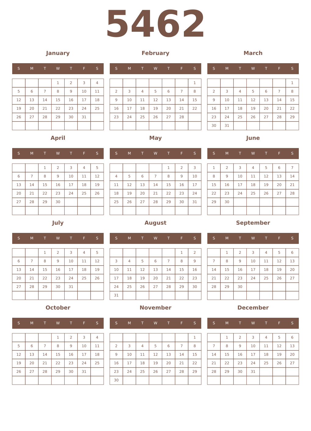 Printable 5462 Year Calendars coffe