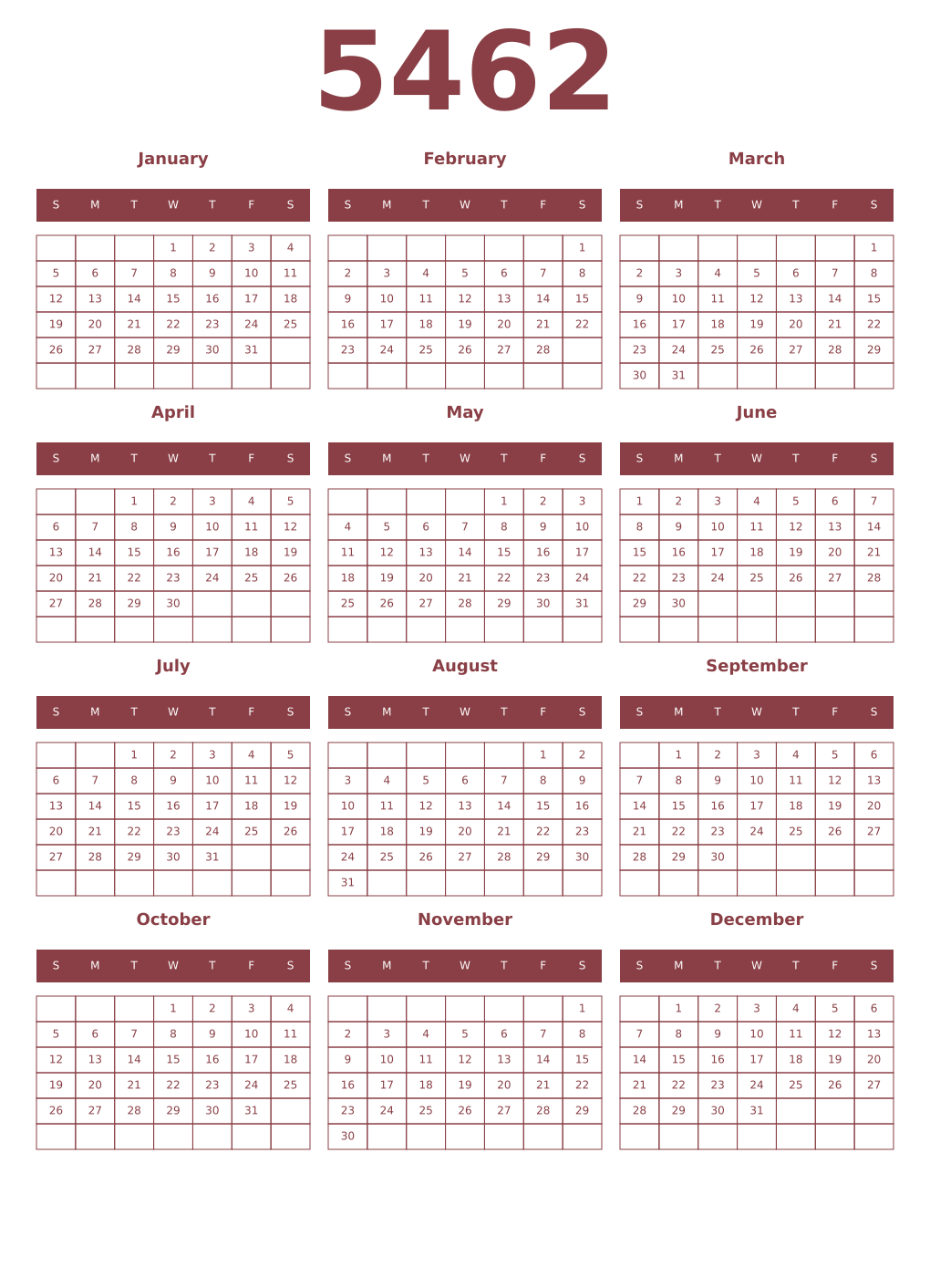 Printable 5462 Year Calendars cordovan