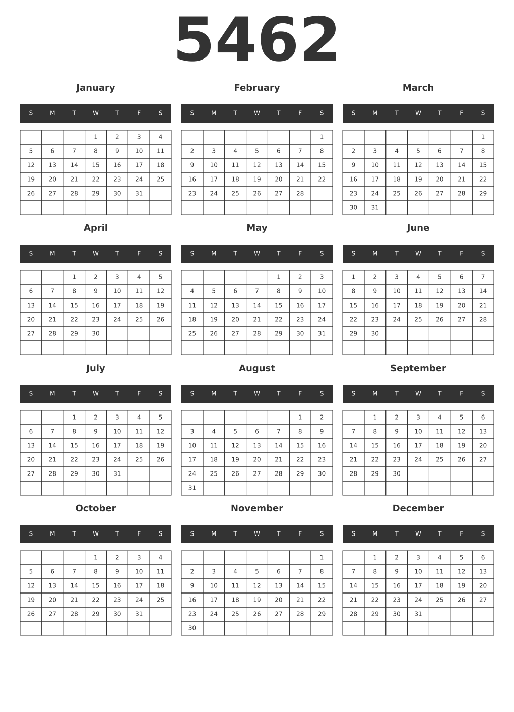 Printable 5462 Year Calendars dark