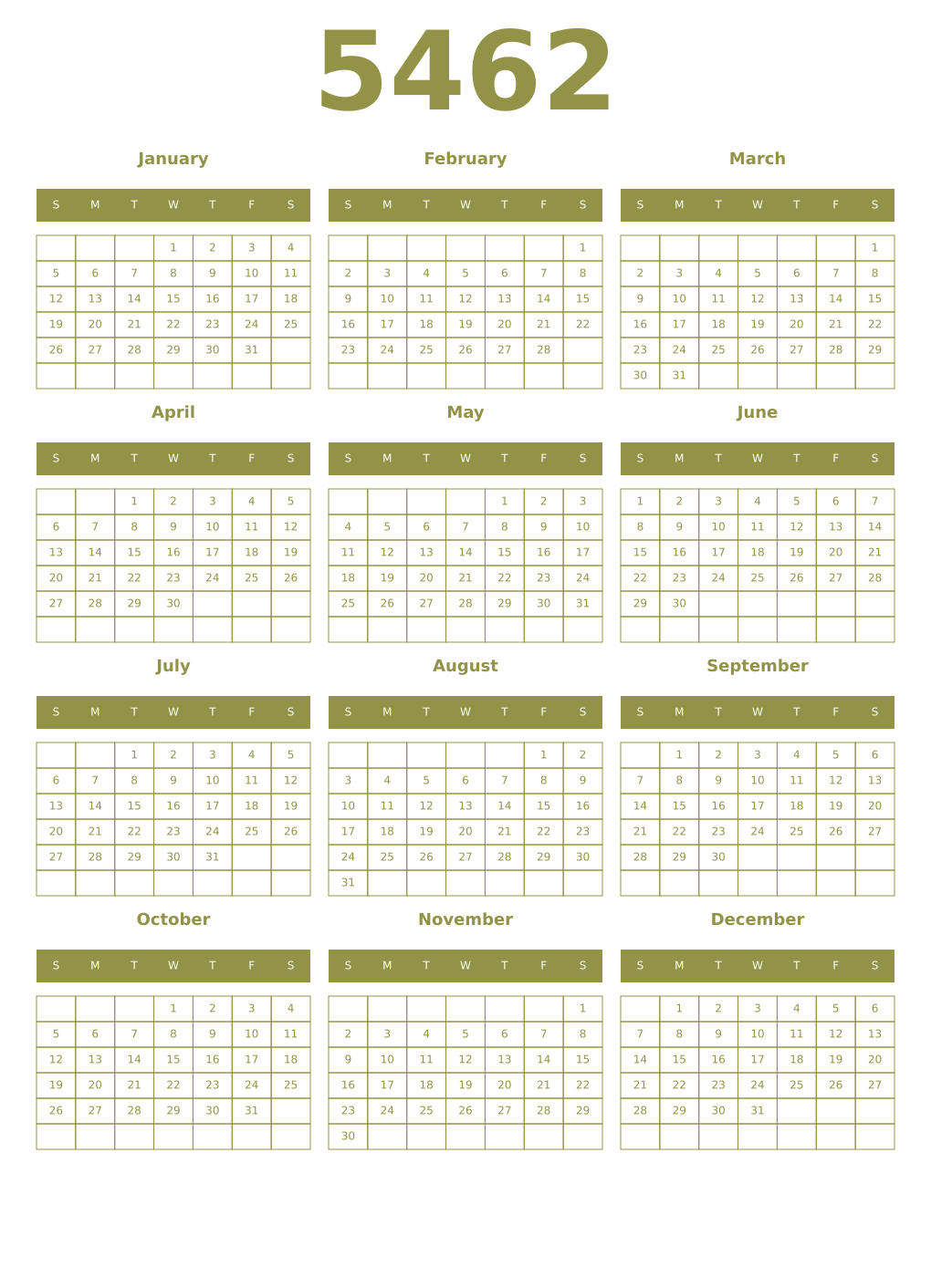 Printable 5462 Year Calendars eburnean