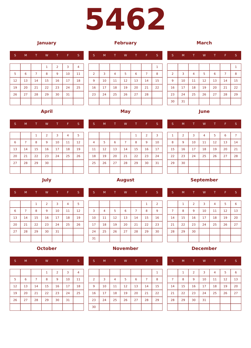 Printable 5462 Year Calendars falu
