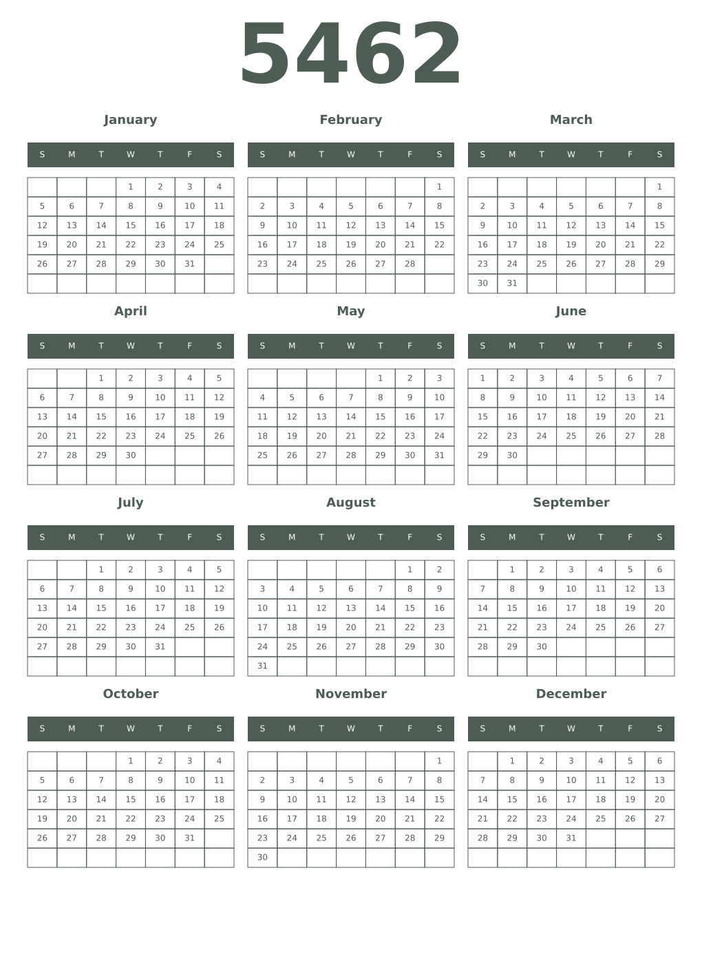 Printable 5462 Year Calendars feldgrau