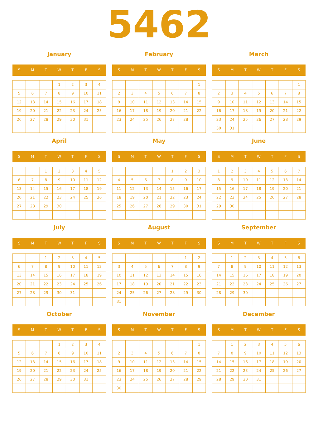 Printable 5462 Year Calendars gamboge