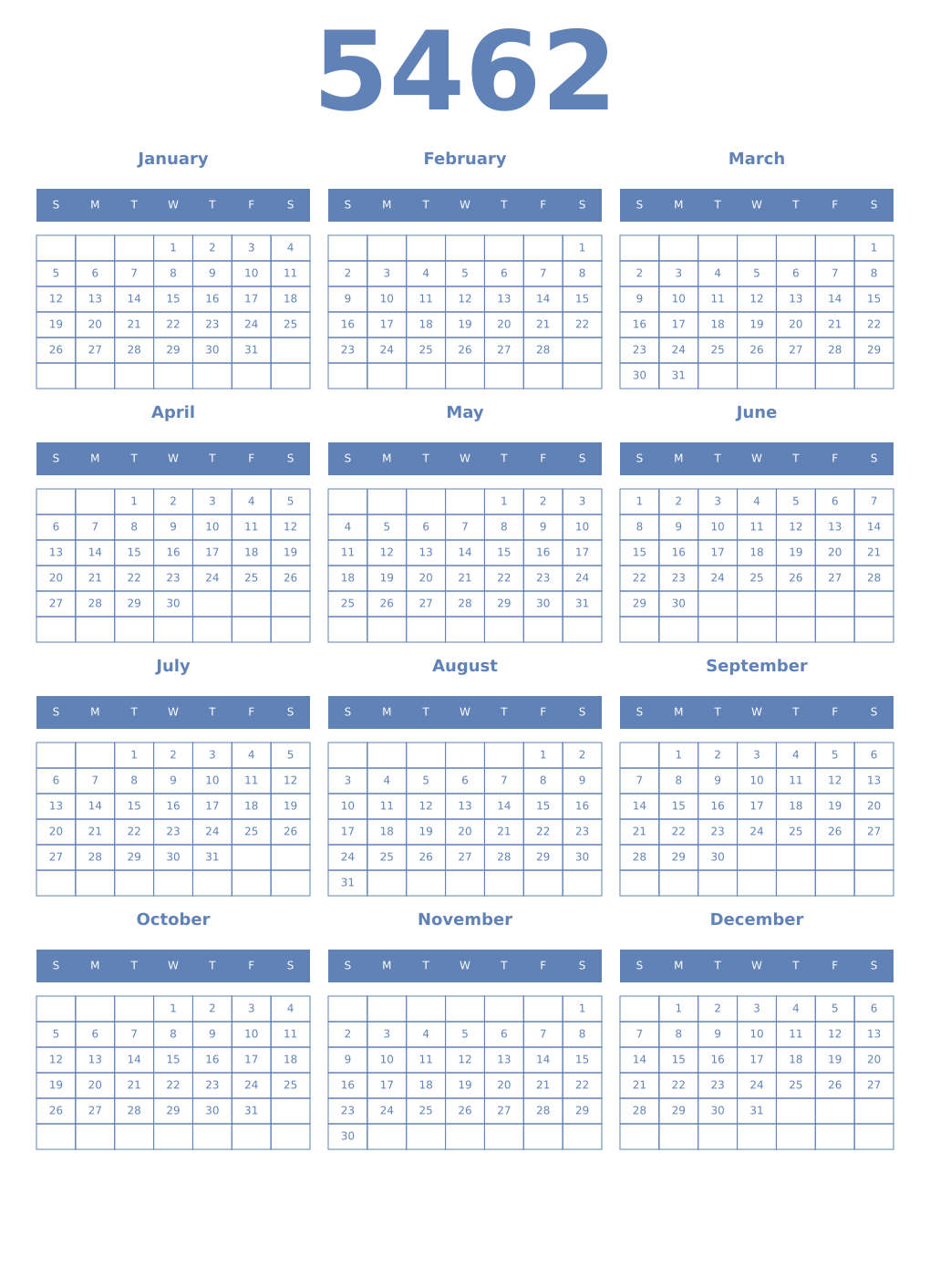Printable 5462 Year Calendars glaucous