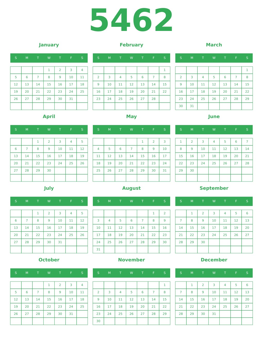 Printable 5462 Year Calendars green